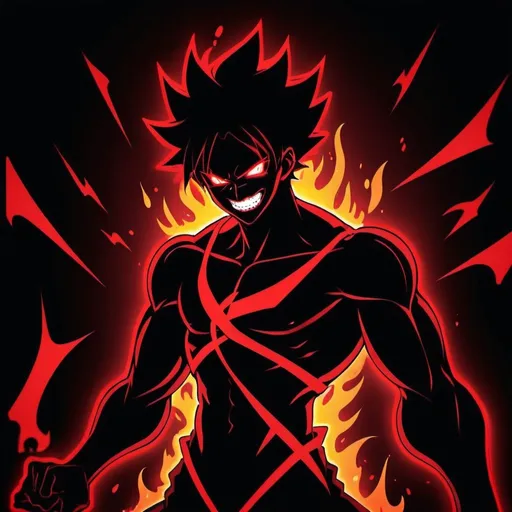 Prompt: DYNAMIC red and black scene. black siluette, red outline, anime style, anime character, rage, dark red and PURE RED, cuts, fire, neon, madness. Evil energy, evil laugh square format. anime style