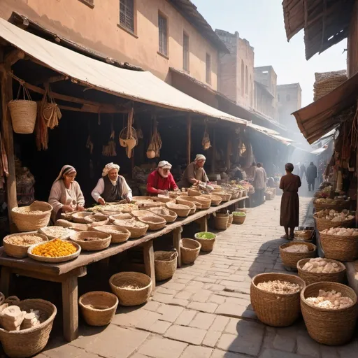 Prompt: ancient market places with people selling goods