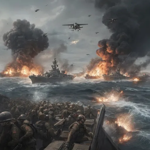 Prompt: War scene between US and China, realistic digital painting, intense battlefield, military aircraft in the sky, naval fleet in the ocean, soldiers in combat, explosions and smoke, high definition, realistic, intense, military theme, detailed uniforms, strategic, dramatic lighting, dynamic composition