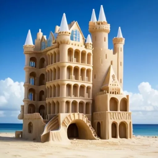 Prompt: a sand castle as big as a building with slides coming out of the windows into the sea