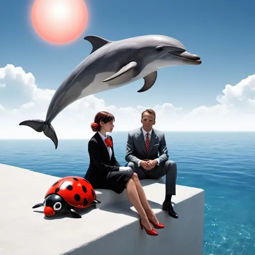 Prompt: a dolphin and a lady bug in a suit sitting at the edge of the world