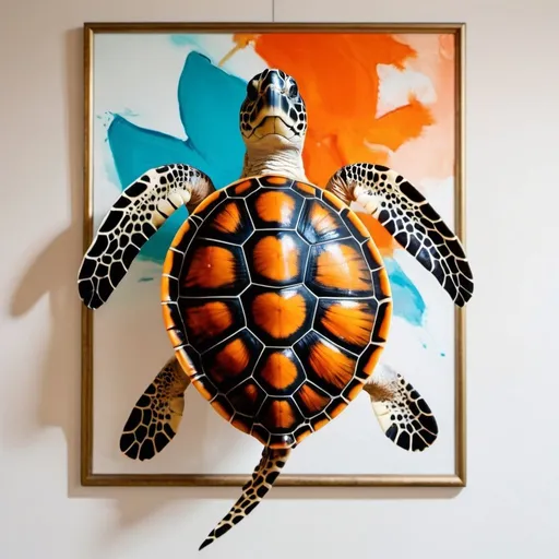 Prompt: a taxidermy turtle hanging on a wall next to butterflies and an abstract painting of the colours orange, white, and turquoise, ocean. 