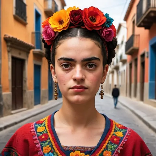 Prompt:  A young Spaniard in the style of Frida Kahlo de Rivera on the streets of sunny Spain