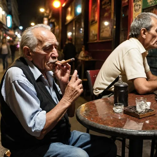 Prompt: An elderly grandfather smokes a cigar in a rock bar on the streets of Buenos Aires at night 
