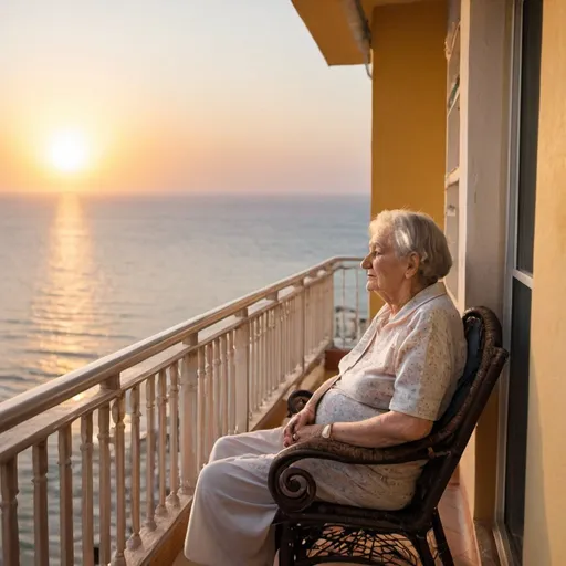 Prompt: an elderly woman sits on her balcony and watches the sun rise over the sea