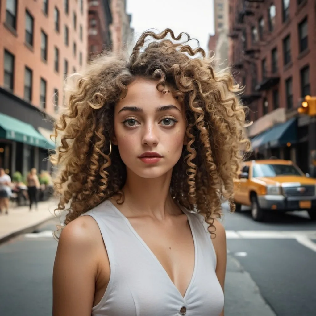 Prompt: a girl with curly hair among the streets of new york in the style of salvador dali.