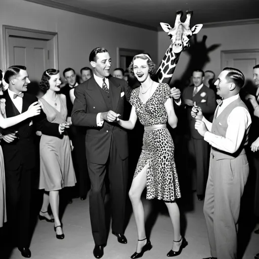 Prompt: America in the 1930s. New Year's Eve party. Guests dancing. Surprise party Giraffe