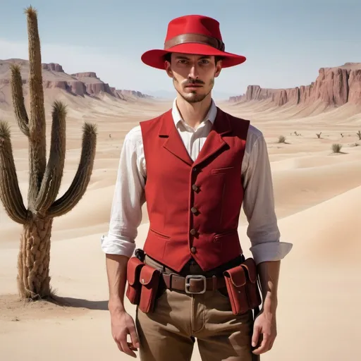 Prompt: man in red hat, brown vest with holster in the desert in surrealist style