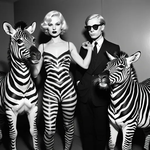 Prompt: Party in the style of 1930s Andy Warhol with the presence of zebra and panther