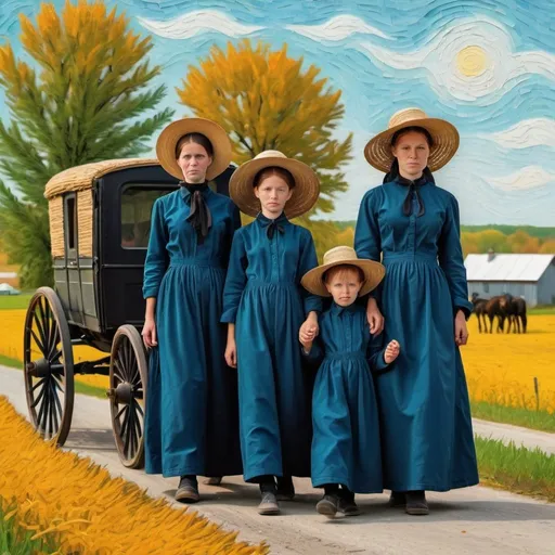 Prompt:  An Amish family in the style of Van Gogh