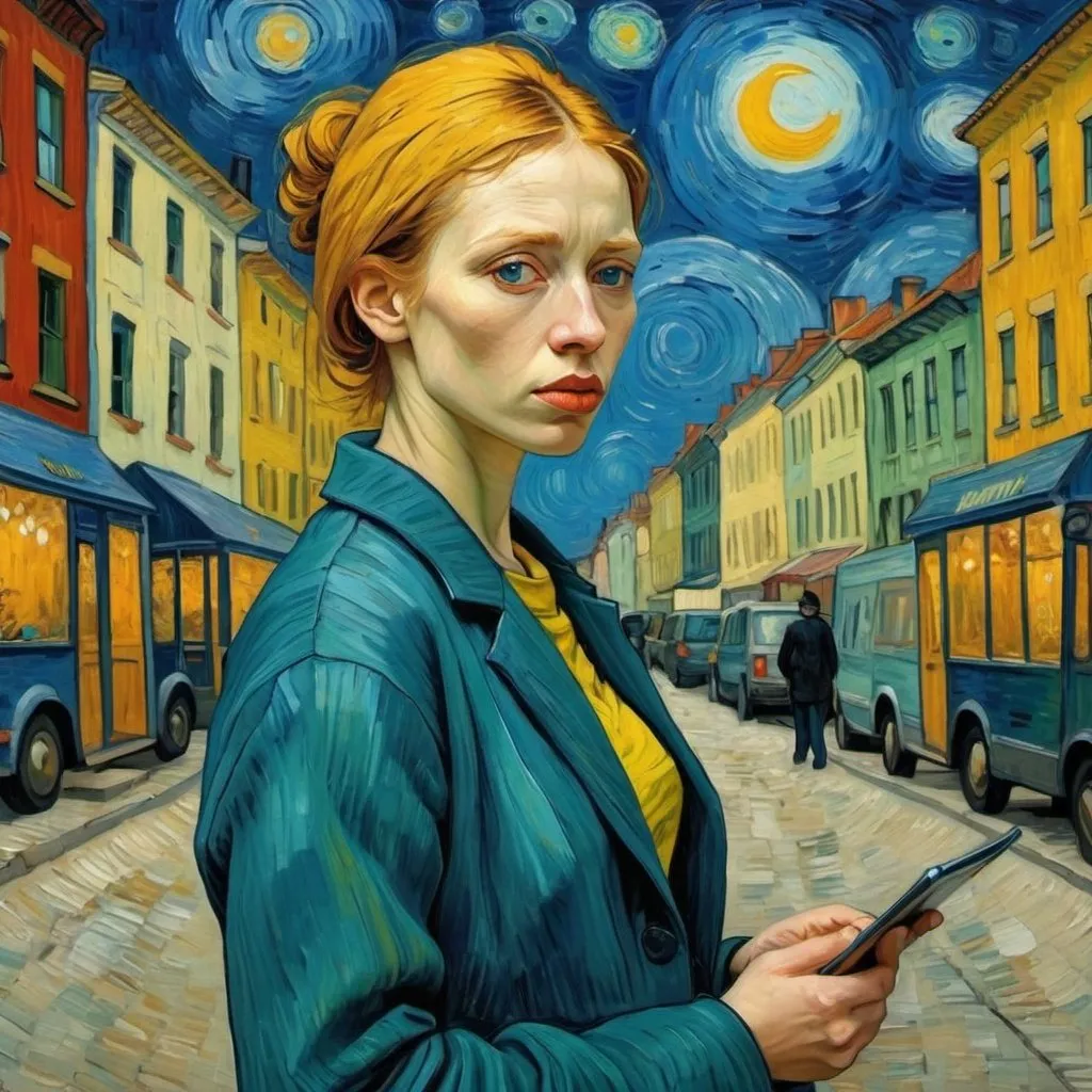 Prompt: Van Gogh-style woman in the modern urban world.