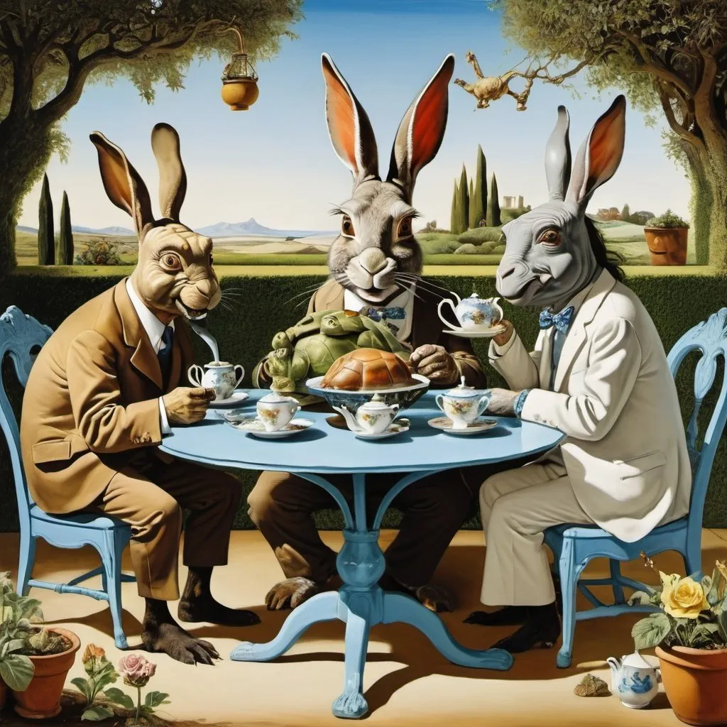 Prompt: A rabbit, a tortoise and a donkey drinking tea at a garden table in style of salvador dali 