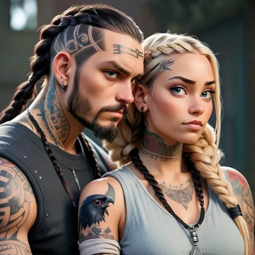 Prompt: a man and a woman with braids and tattoos on their arms and shoulders, standing next to each other, Erlund Hudson, antipodeans, promotional image, computer graphics. Add tattoo on side of man’s head. Put raven in background