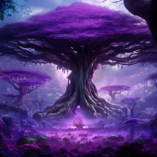 Prompt: Magical giant tree in magical forest with purple color that looks similar to the forest in Avatar