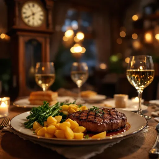 Prompt: a nice evening steak and potato dinner including a grandfather clock and some warm lighting.