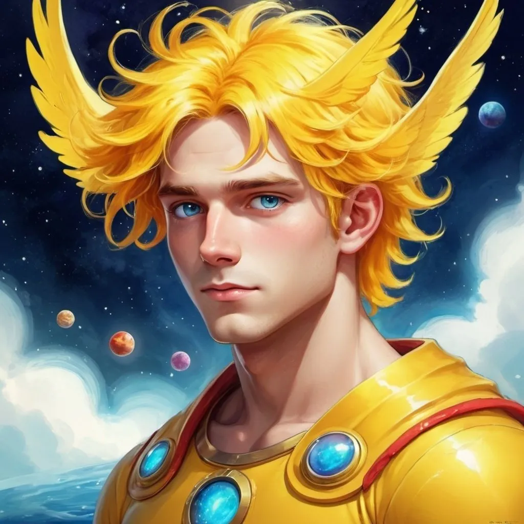 Prompt: Sage transforms with bright yellow wings , hair and then red skin. He has gained a golden halo above his head with an Onk hanging down from his halo ring.  unconscious in the Astro planes. Very pretty. Very beautiful spirit. Kind sweet fun lovely. Hiding in the colorful water color astro-planes. In the color astro-planes with blue eyes. yellow hair. yellow Hair. There's evil spirit's in the astro-planes too. It's bright.