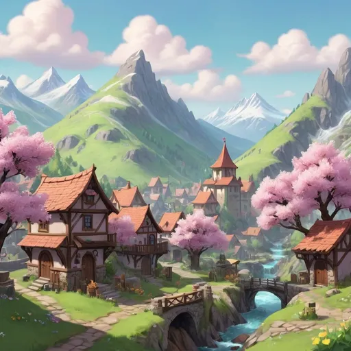 Prompt: A rpg world game, city mountains, spring.