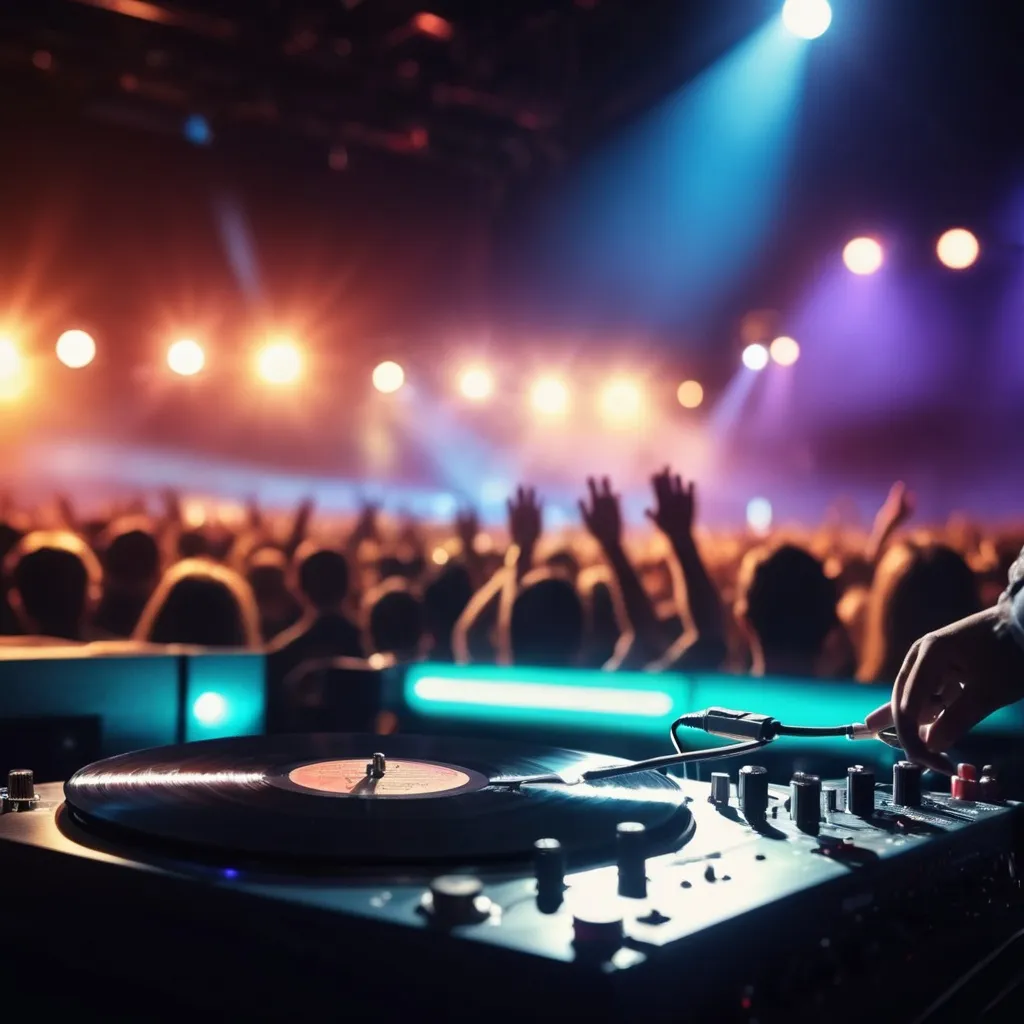 Prompt: (vinyl record, music, stage, rock band, lights, amplifiers, photograph), study background, (emerging from the centre, band playing, (dramatic lighting)), vivid colors, (HD, close-up shot), Tilt-Shift, crowd, (bokeh), long exposure