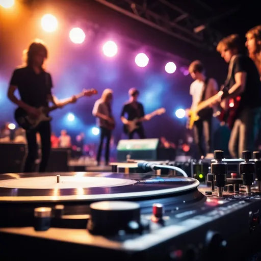 Prompt: (vinyl record, music, stage, rock band, lights, amplifiers, photograph), study background, (emerging from the centre, band playing, (dramatic lighting)), vivid colors, (HD, close-up shot), Tilt-Shift, crowd, (bokeh), long exposure