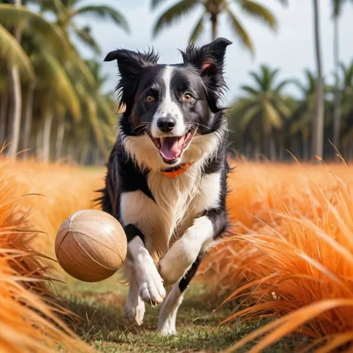 Prompt: Border collie running in orange grass field, chasing a ball, coconut trees in the background, high quality, vivid colors, detailed fur, playful atmosphere, tropical setting, vibrant lighting