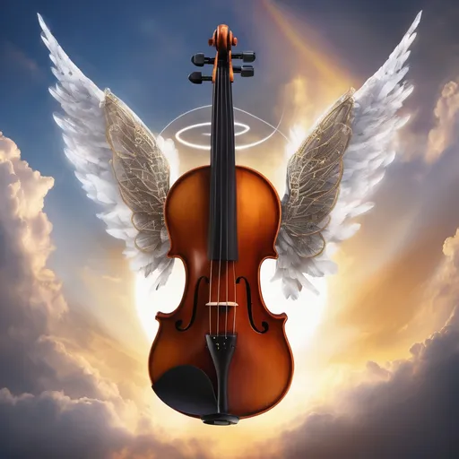 Prompt: A violin with wings and a halo flying in the sky