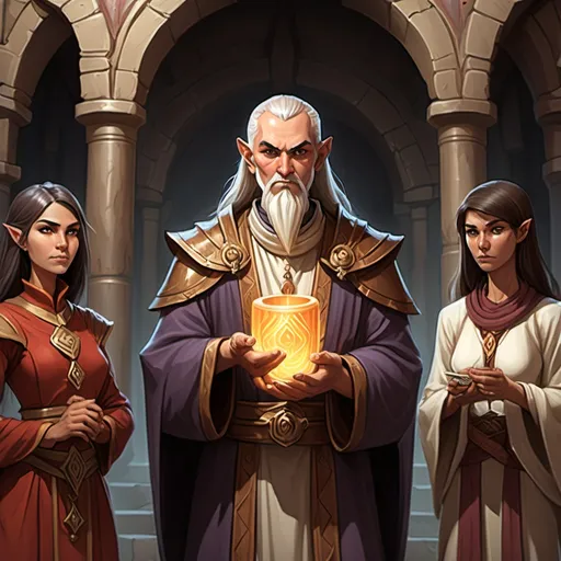 Prompt: Generate an image for Dungeon & Dragons cartoon with this description: Right now, Imdarr Relvaunder (male Damaran human priest), a follower of Tempus, and Lymmura Auldarhk (female Tethyrian human acolyte), a devotee of Sune, are serving at the shrine. Imdarr is a stern man who is keenly interested in news and rumors and visitors. He's also an ally of the Order of the Gauntlet, occasionally passing messages and sending reports on local events to the order. Lymmura is a sympathetic ear and guide to all. She has been coming to the shrine for decades, has officiated at the marriages of many couples, and is widely loved and trusted in Red Larch.