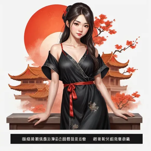 Prompt: create illustrator of chinese girl character, ages 20-30 years old, wearing black color nightgown, position left side pose, japenese culture style, realistic character