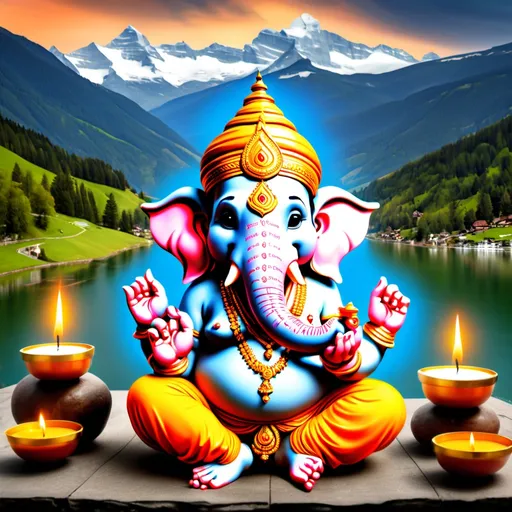 Prompt: Create happy vinayaka chavithi  wishes greeting card with Vigneswara Swamy in Swiss mounts in background