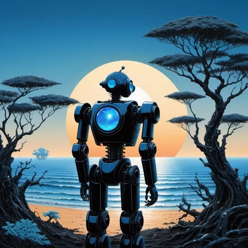 Prompt: Blue sun on the horizon. Iron trees in background. Black robot sipping oil. Ocean on the horizon