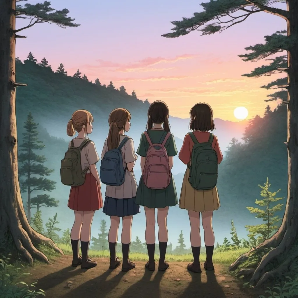 Prompt: Chapter 1: 森への旅立ち (Mori e no Tabidachi)

Illustration: Sarah and her friends standing at the forest edge, with the sunset behind them.