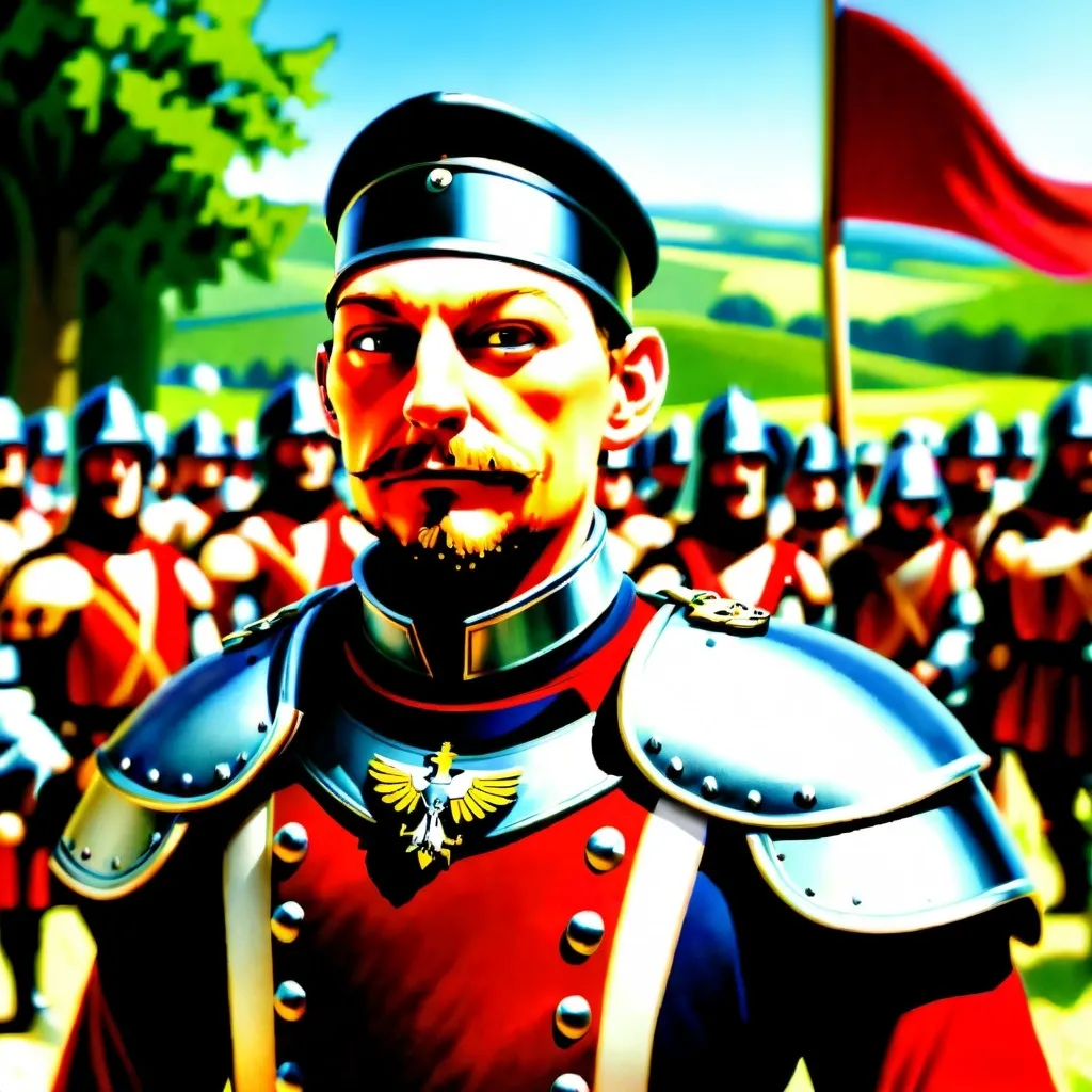 Prompt: Imagine this guy as king in military uniform of great moravia, sunny day, surrounded by followers prepared for fight. Epic look. Photorealistic, smiling. Background Moravian landscape.