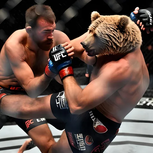 Prompt: UFC fighter fights with a bear