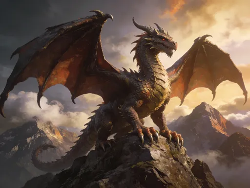 Prompt: A mighty dragon, perched atop a mountain, wings spread wide.
