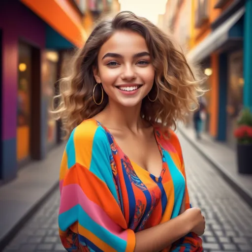 Prompt: (beautiful smiling young lady), modern multicolored clothing, vibrant colors, cheerful and energetic ambiance, engaging expression, high-fashion style, playful patterns, multihued textures, radiant skin, captivating eyes, dynamic pose, soft, warm lighting, ultra-detailed, 4K, enchanting background, lively urban setting.