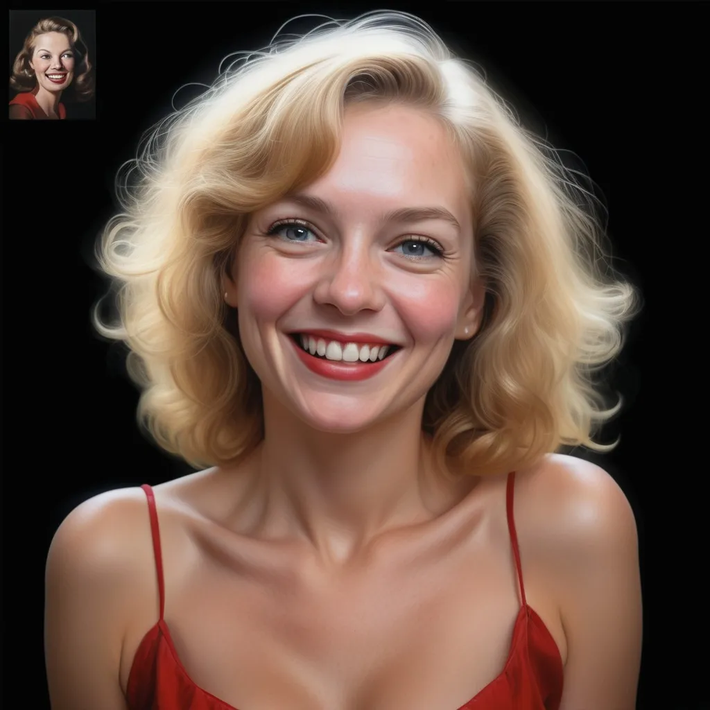 Prompt: a smiling womanphoto with a black background, Dorothy Coke, Red far open blouse ,fantastic realism, photoreal, a photorealistic painting