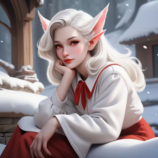 Prompt: Ursula Andress sitting  (whimsical and enchanting) character design, white hair styled loosely (vivid red eyes), pointed ears, snow-pale skin, wearing a university student uniform,  creating a calming atmosphere, high-quality and ultra-detailed image.