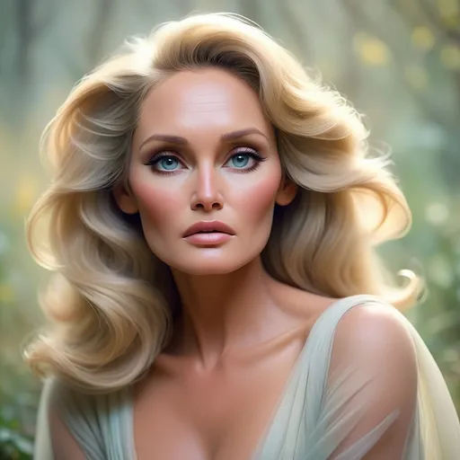 Prompt: (dreamy portrait of Ursula Andress), ethereal atmosphere, soft focus, muted pastel colors, misty background, serene expression, delicate lighting, whimsical vibe, high detail, refined elegance, soothing composition, quiet beauty, modern dreamy aesthetics, artistic impression, capturing a tranquil moment.