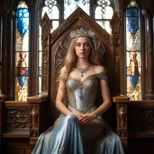 Prompt: A young medieval queen sitting on an ornate throne, wearing a long, flowing gown with glittering jewels that sparkle in the light. Her expression is calm and regal, and she wears a delicate crown. Behind her are tall stained glass windows, with soft colored light streaming through. The throne is decorated with intricate carvings, and the room has a majestic, royal atmosphere.