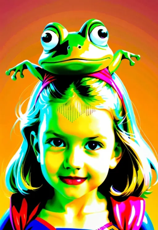 Prompt: Vibrant and playful cartoon illustration of a young girl styled as a little frog, dressed as Supergirl, charming and cute, lively and fun, high-quality, cartoon style, playful elements, little frog costume, Supergirl outfit, adorable and endearing, cheerful expression,  joyful atmosphere