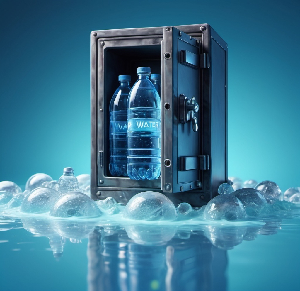 Prompt: a picture of a safe with some bottle of water in a blue background, plasticien, water, a hologram