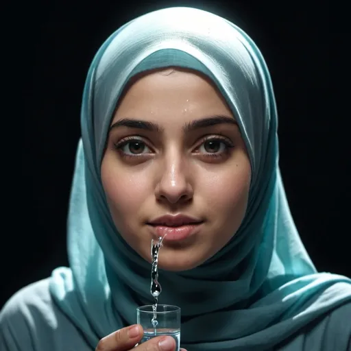 Prompt: A girl with (hijab) bringing a drop of water, no background, high-resolution, cinematic light, (4K).