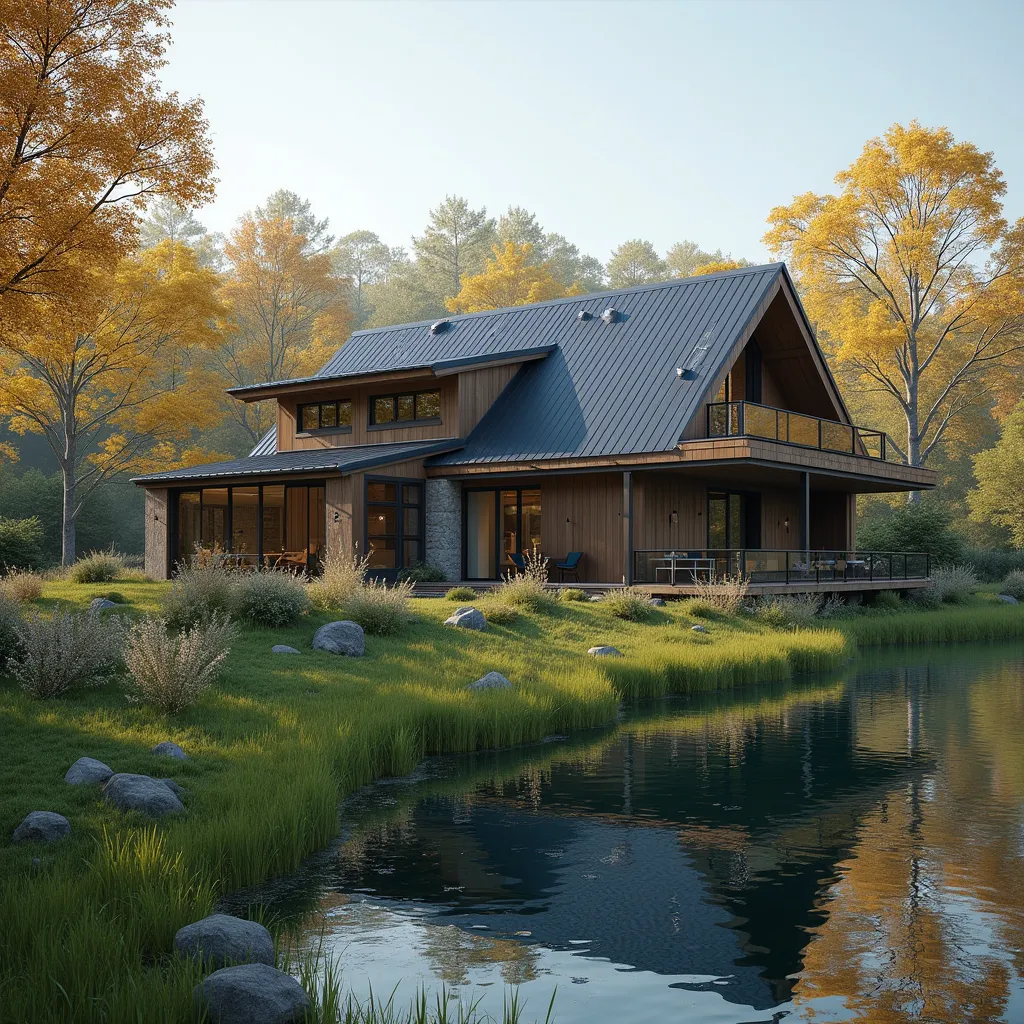 Prompt: ein einfamilienhaus am see mit vielen 
