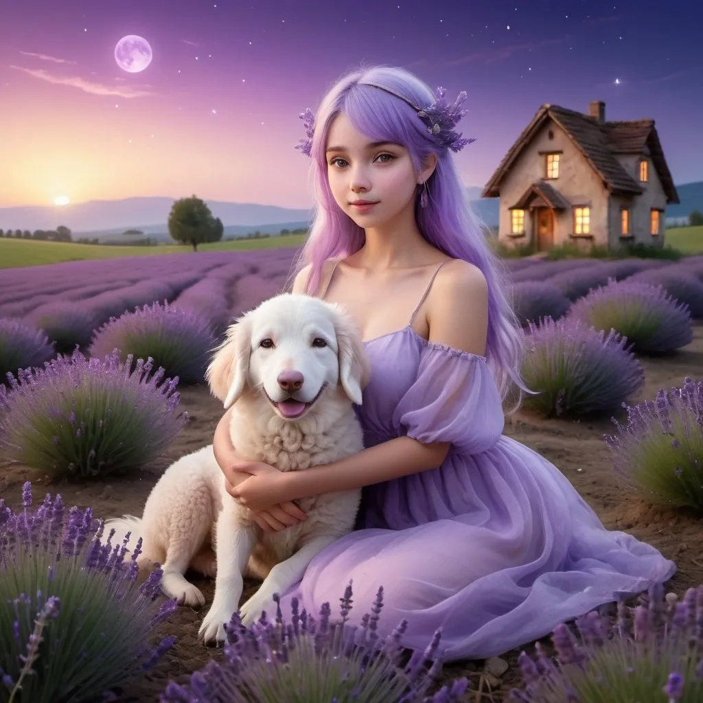 Prompt: A fairy with lavender colors and lavender flowers is holding a smooth amethyst rock  that shine with a Little light of mooth Magic butand she looks above the lavender  field just after the Sunset, when the first stars begin to show Up. There is houses above the field ans beautiful threes . The threes seems magical and they have beautiful colors. The image is Soft but colorfull and enlighten. There are some sheeps and two Dogs on the field. They seem happy and relax