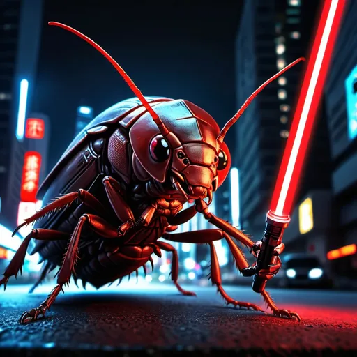 Prompt: Anime cyberpunk style, cockroach holding a red light saber in Hong Kong, highly detailed, HD, dark background