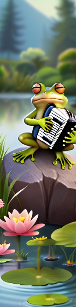 Prompt: um sapo tocando sanfona encima de uma pedra dentro da lagoa
