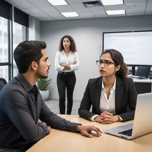 Prompt: In a high-tech office, an female software developer asking a critical question to a latino male leader