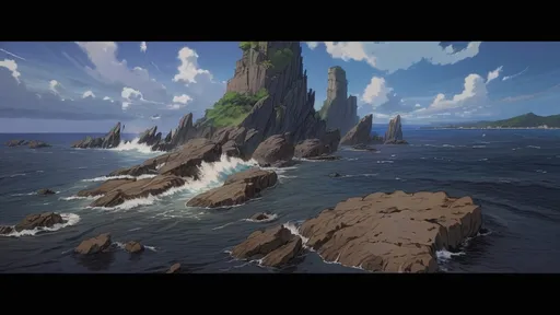 Prompt: 2d studio ghibli anime style, beautiful view of the cliffs and the ocean crashing on the rocks, anime scene