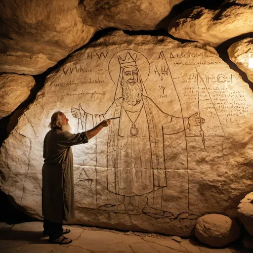 Prompt: Abraham draws an image of YHVH (Adonai) on an ancient cave wall