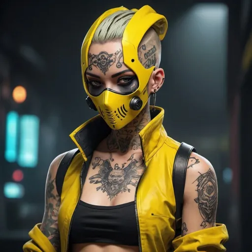 Prompt: Get an idea of a cyberpunk art character with a mask and tattoos
yelow clothes