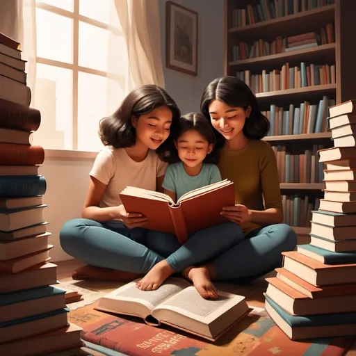 Prompt: a woman reading a book to her children while sitting on a pile of books on the floor with a book in front of her, Art & Language, art & language, storybook illustration, a storybook illustration